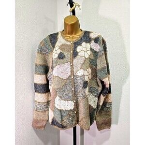 Vtg Caren Charles Cottage Old Money Wool Blend Metalliic Cardigan Sweater Med